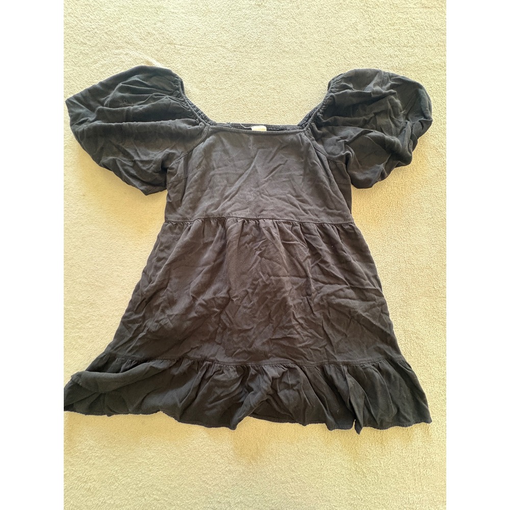 Silk & Salt Black Square Neck Puff Sleeve Tiered Ruffle Dress Size M